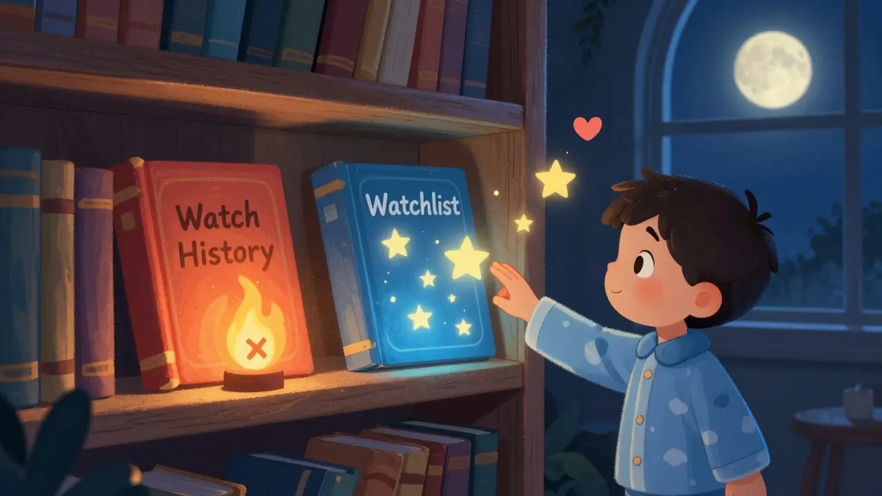 Bir çocuk, 'İzleme Geçmişi' kitabının yanındaki X alevini izliyor, 'İzleme Listesi' kitabı parlıyor.