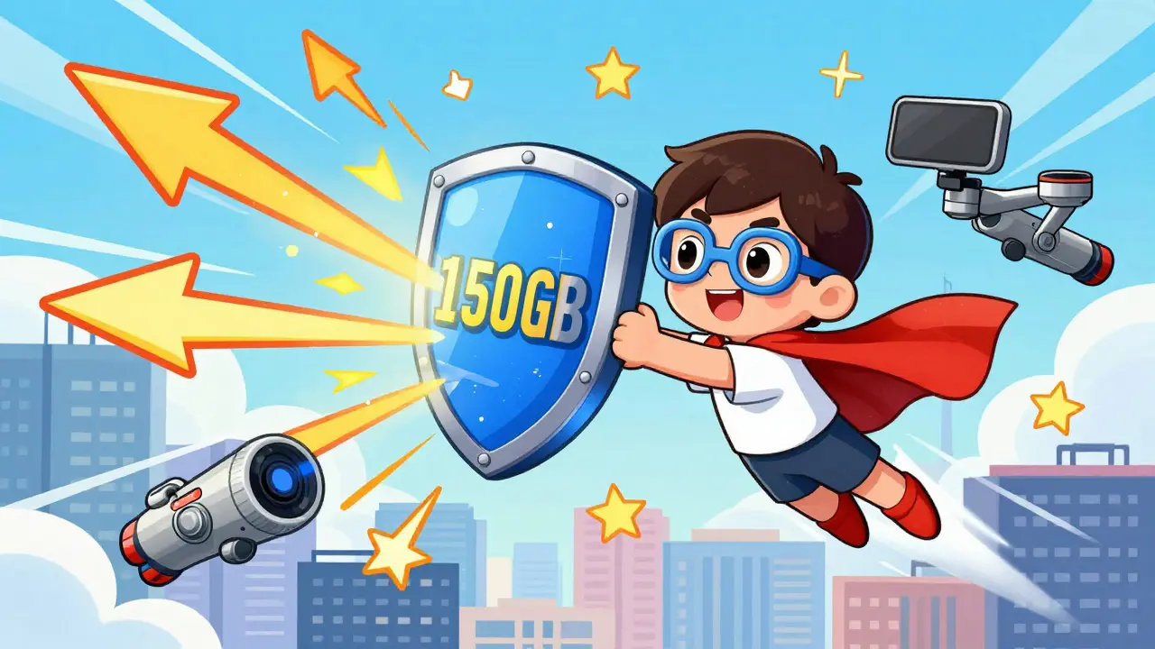 Bir çocuk, 150 GB veri planı kalkanıyla şehir üzerinde uçuyor, gimbals jetpack gibi onu taşıyor ve 5G sinyalleri etrafında dönüyor.