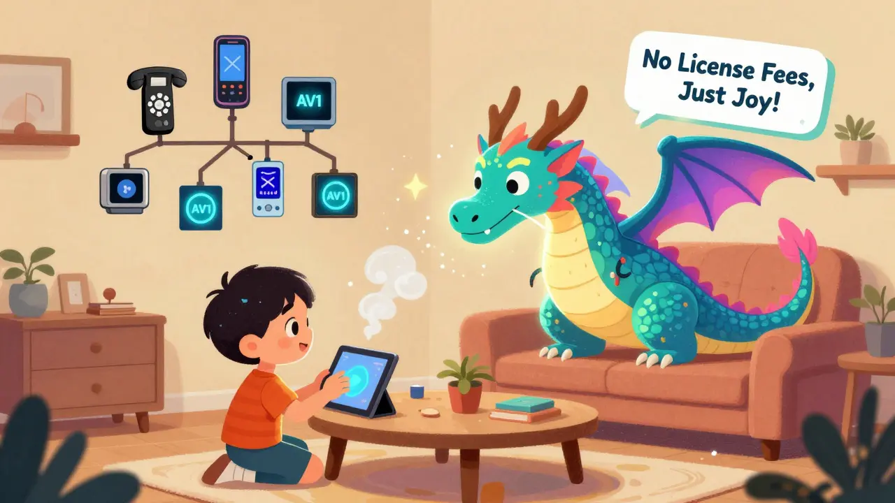 Bir çocuk AV1 kodlu bir ejderha izliyor, yeni cihazlar ışıkla parlıyor, eski cihazlar kapalı.