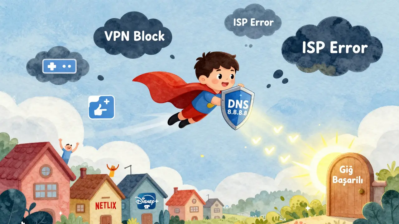 Bir çocuk Wi-Fi üzerinde uçarken VPN engellerini aşıyor ve DNS koruyucu kalkanını tutuyor.