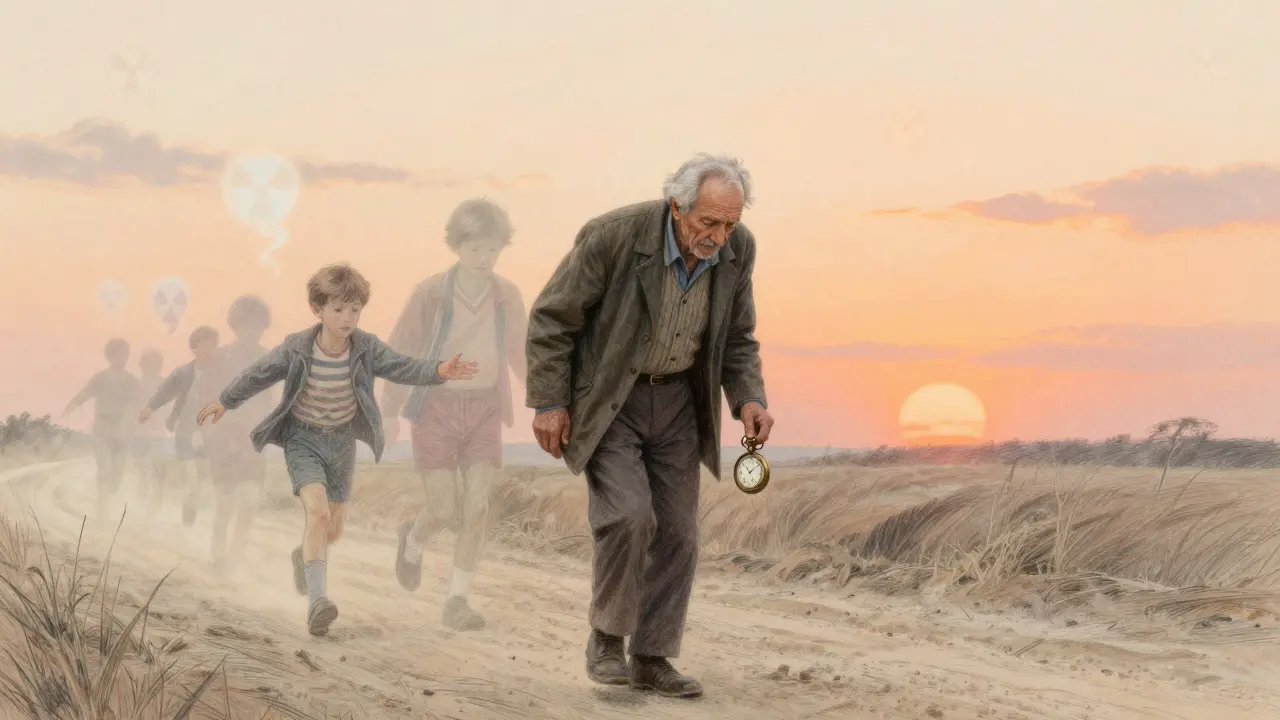 Bir erkek, genç ve yaşlı versiyonlarıyla bir yolda yürüyor, arka planda nükleer izler var.