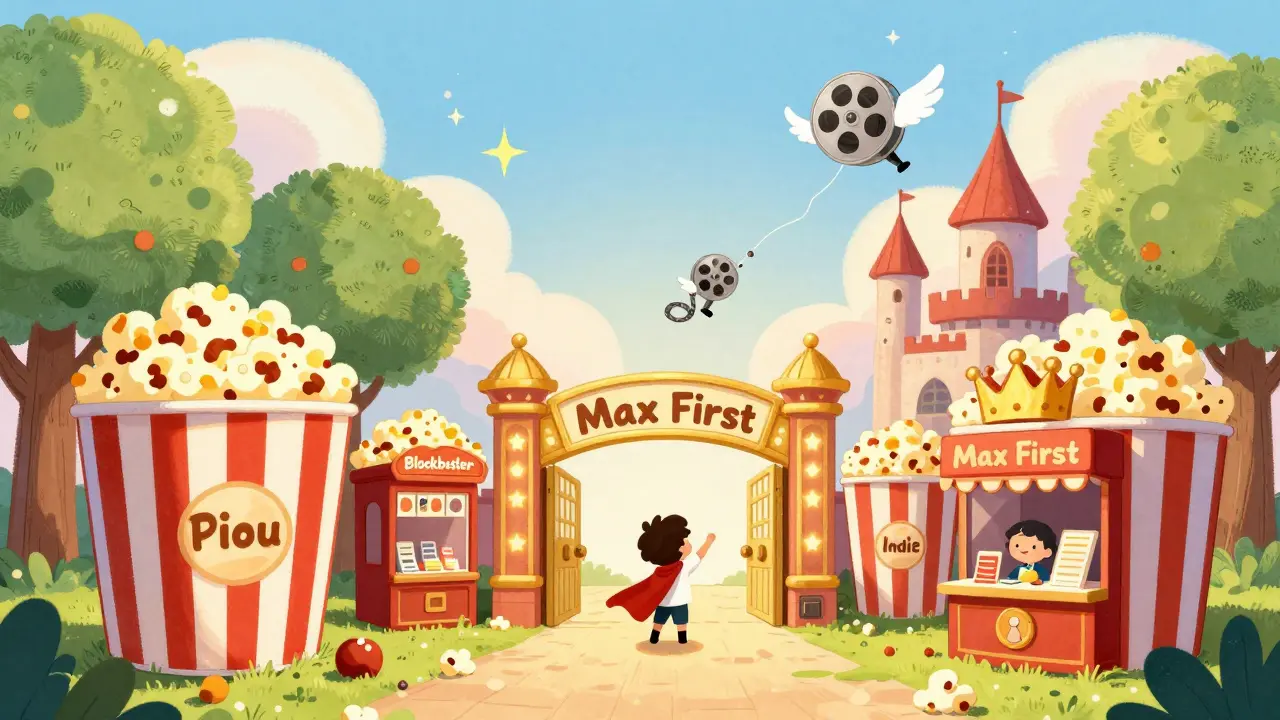 Bir film teatresinde küçük bir kahraman, Max First kapısından geçerken diğer filmler sıraya giriyor.