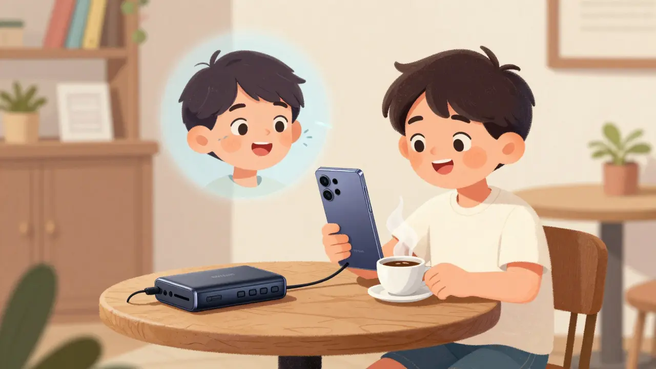 Bir içerik üreticisi kahvehanede, akıllı telefonu ve harici mikrofonla canlı yayın yapıyor, AI takip özelliği gösteriliyor.