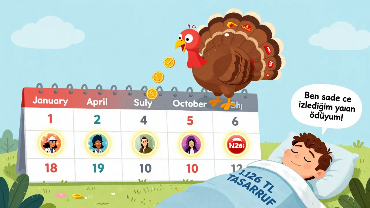 Bir kartal kuşu, aylara göre yeni içeriklerle para bırakıyor, biri '1126 TL tasarruf' yazan bir battaniyede uyuyor.