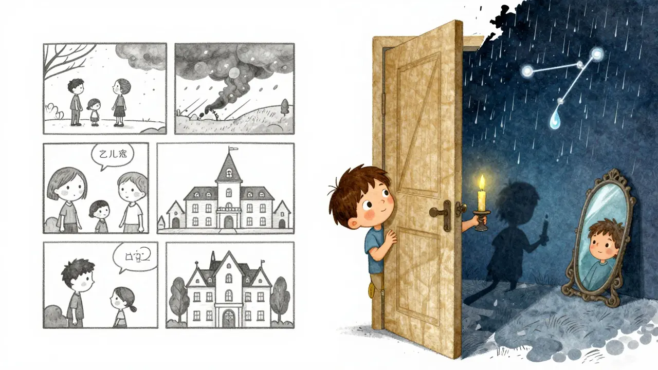 Bir kitap sayfasından oluşan kapıdan içeriye bakıyor; özet comic strip, analiz ise ışıltılı sembollerle dolu.