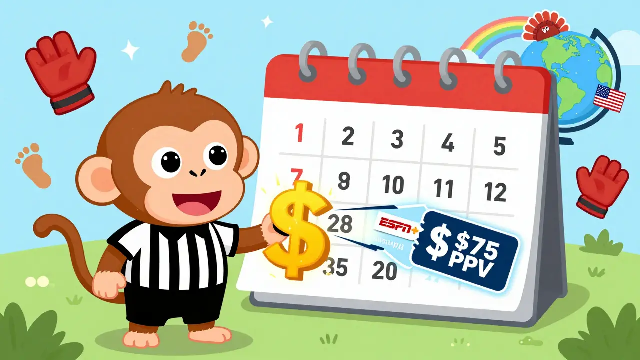 Bir maymunun ESPN+ abonelik ve PPV bilet yollarını gösterdiği, 12 UFC etkinliğiyle süslenmiş oyunlu bir sahne.