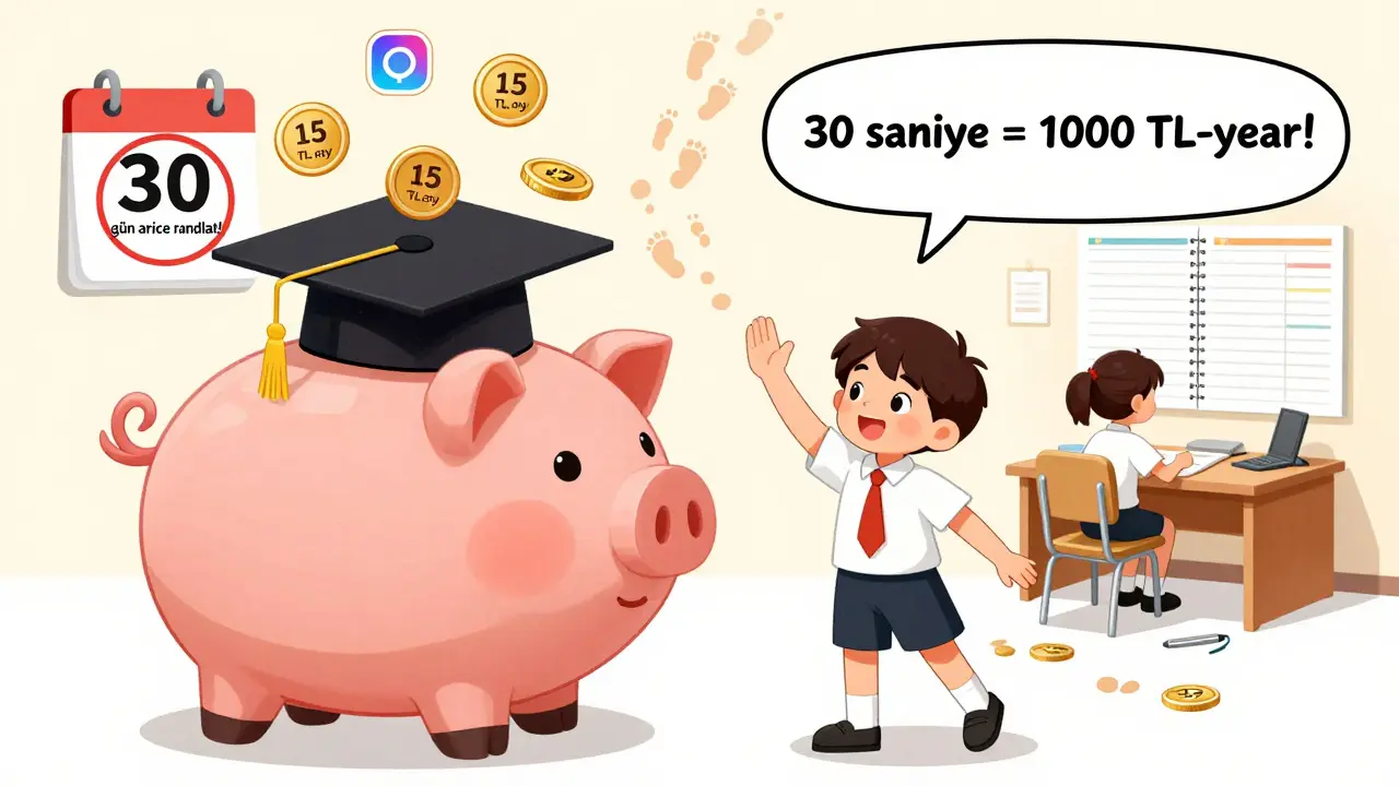 Bir öğrenci, '15 TL/ay' etiketli madeni paraları içine boşaltan bir mezuniyet şapkası şeklindeki kumbara ile el sallıyor.