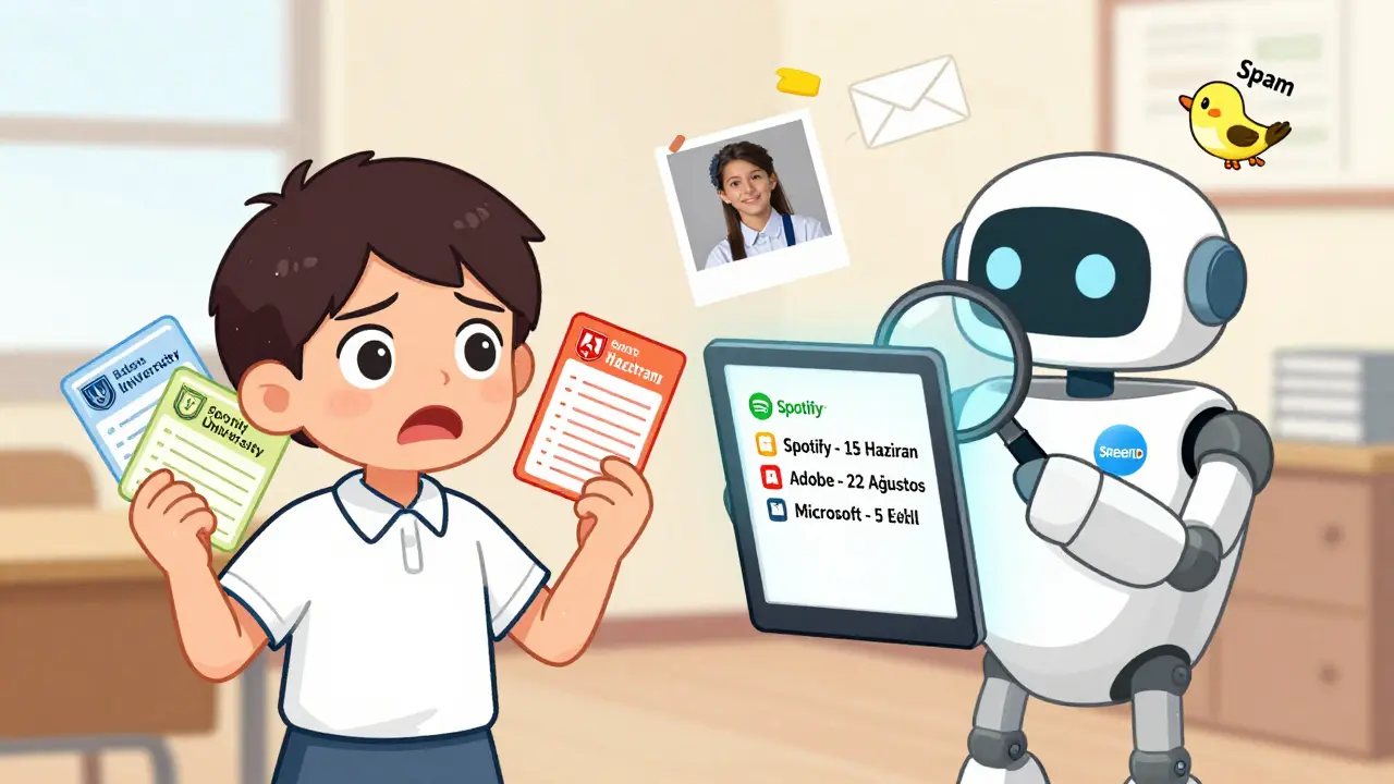 Bir öğrenci, üç farklı üniversite kartı tutarken bir robot checklist kontrol ediyor, arka planda e-posta spamle uçuyor.