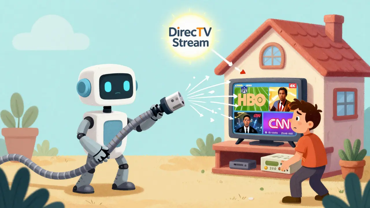 Bir robot internet kablosundan veri akıtıyor, birçok TV'de farklı programlar çalışıyor.