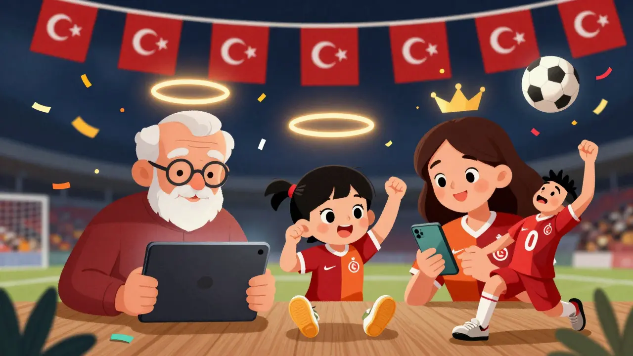 Bir Türk ailenin Galatasaray golünü kutlarken, telefonlarında spor bildirimleriyle aydınlanan bir derby akşamı manzarası.