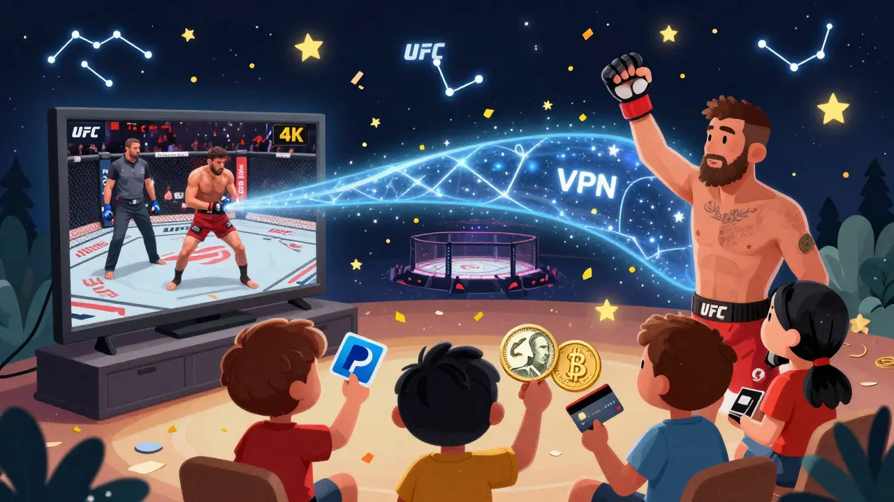Bir Türk ailesinin VPN ile bağlanan ESPN+ üzerinden UFC şampiyonluk maçını izlediği, dolar ve TL ikonlarıyla dolu bir gece manzarası.