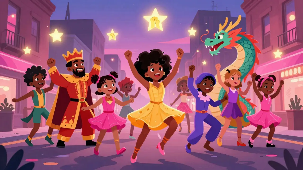 Çeşitli kostümlü çocuklar Harlem sokaklarında büyüleyici figürler haline gelerek dans ediyor.