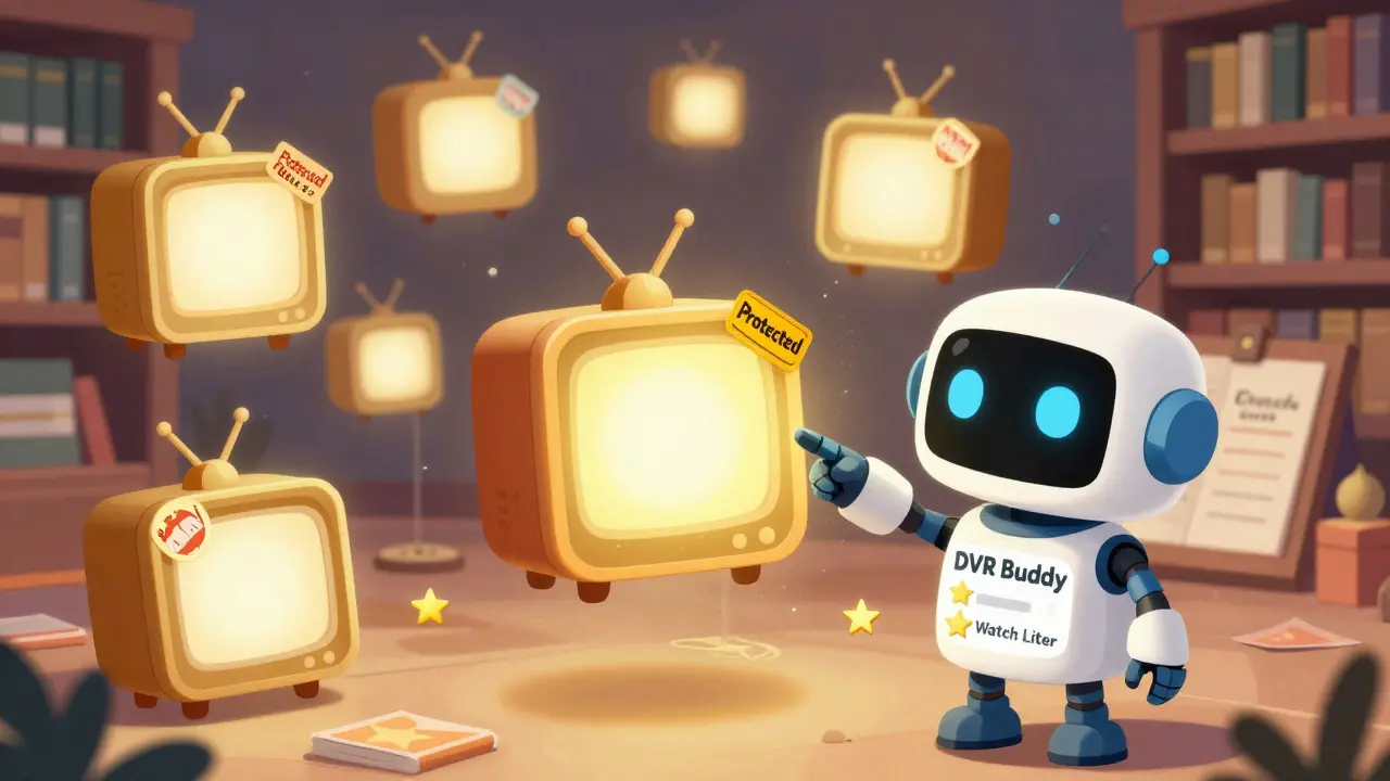 DVR Arkadaşı adlı bir robot, korunan ve silinen TV kayıtlarını sıralıyor, bazıları yıldızlı, bazıları soluyor.