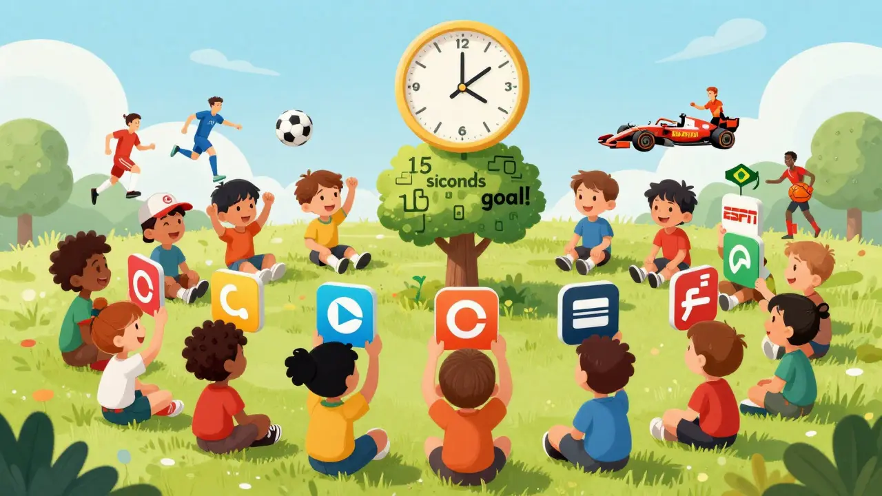 Farklı spor uygulama simgelerinden canlanan futbolcular, basketbolcular ve Formula 1 arabalarıyla birlikte dairesel oturan Türk çocukları.