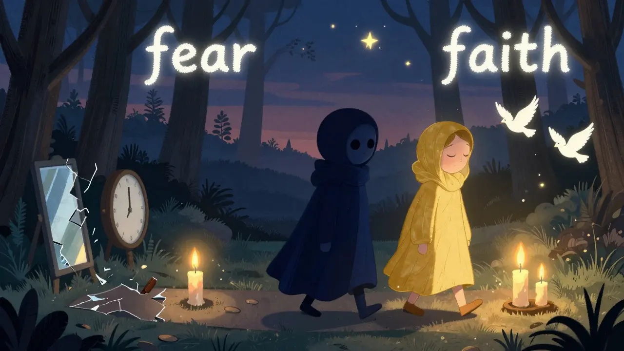 İki figür, korku ve inanç temsilleriyle bir ormanda yürüyor, yolları farklı sembollerle ayrılıyor.