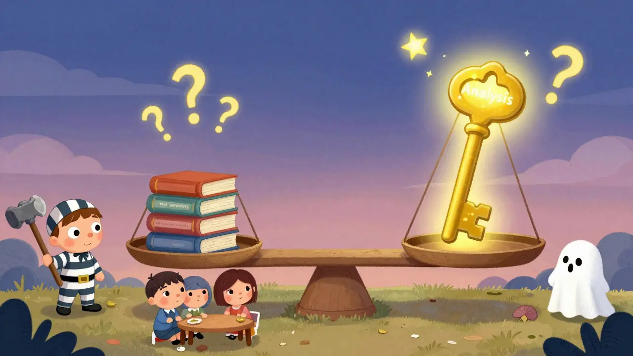 İki terazide, özet ve analiz oranları sembolize ediliyor; küçük kitaplar ve büyük bir anahtar dengede.