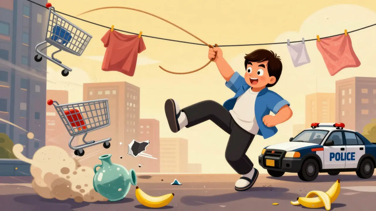 Jackie Chan, çamaşır ipiyle bir gökdelen arasından sallanırken, polis arabası ve alışveriş sepetleriyle komik bir kavgada.