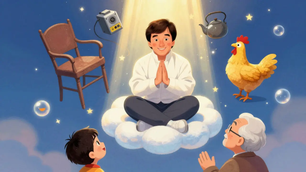 Jackie Chan, filmlerinden eserlerle çevrili bir bulut üzerinde gülümserken, altta hayranlar onu izliyor.