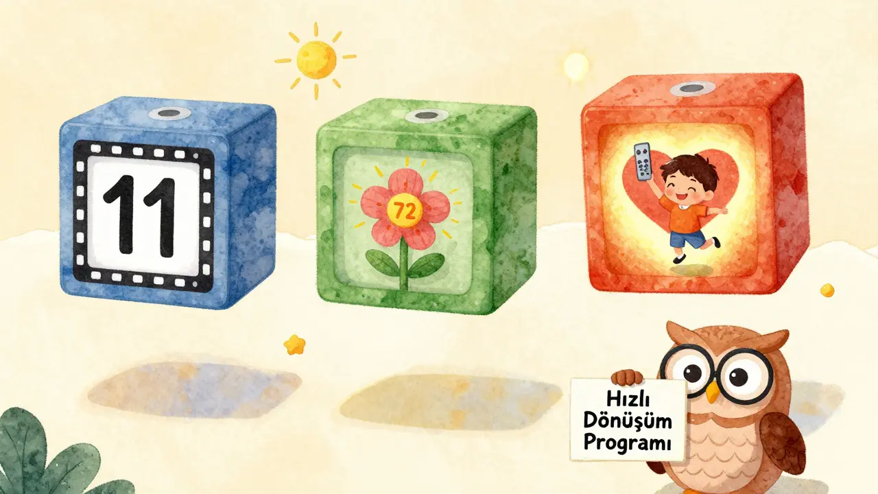 Renkli bir takvimde günler, film izleme sürelerini gösterirken bir çocuk mutlu bir şekilde zıplıyor.