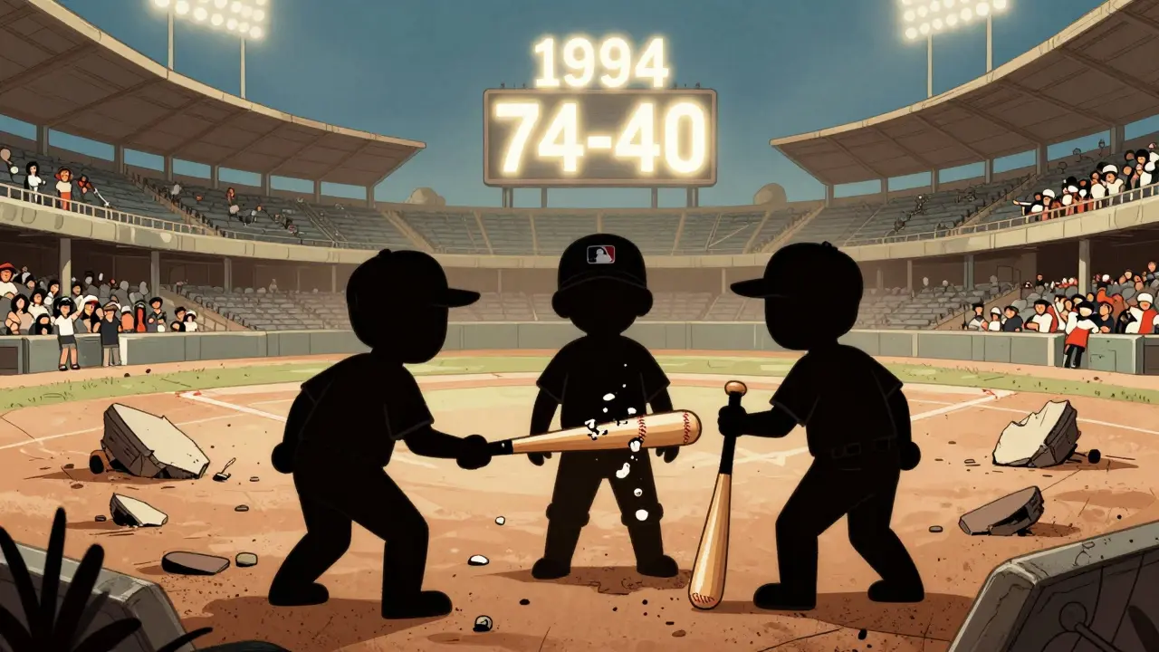 Üç figür, kırık bir beyzbol sopası etrafında bir stadyumun yıkılışını izliyor.