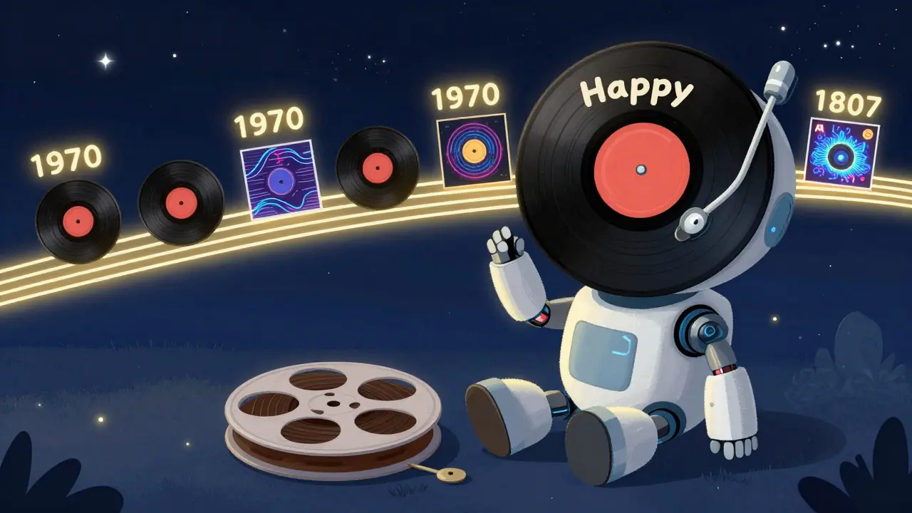 Yapay zeka bir robot, bir vinyl kafaya sahip, bir film rulonuna şarkı söylüyor.