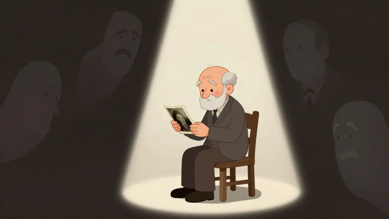 Yaşlı bir adam eski bir fotoğraf tutuyor, etrafında tarihin sessiz gölgeleri var.